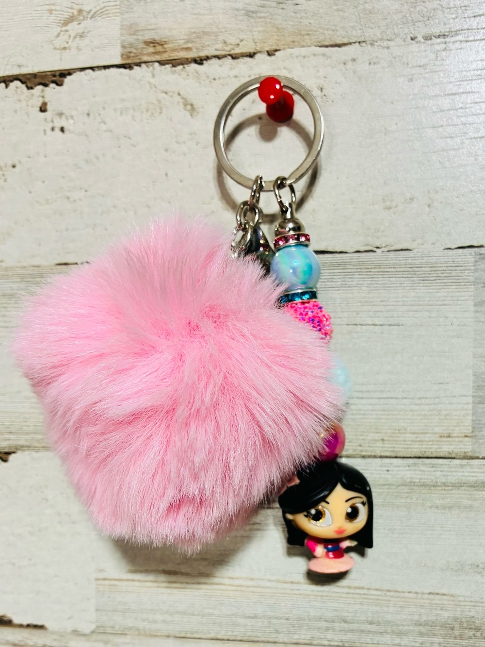 Disney Doorable Pink Faux Fur Pom Pom Keychain with Character and Beads